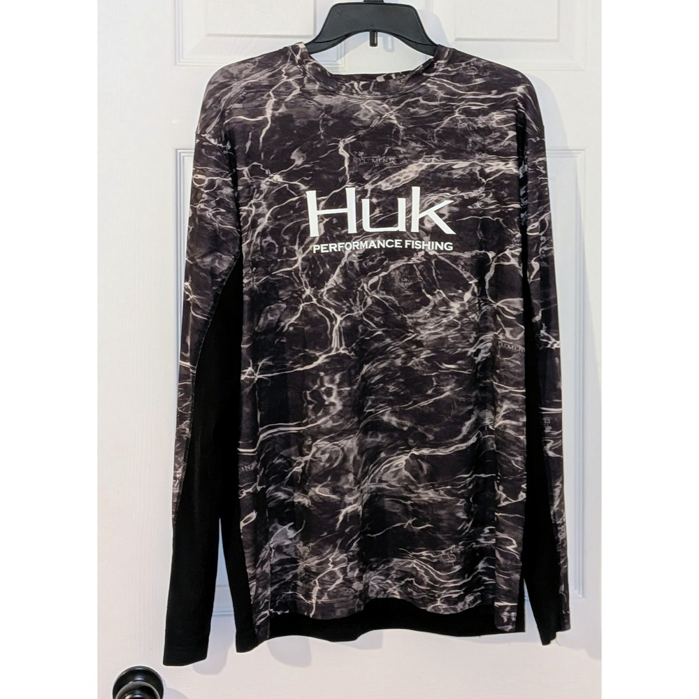 Huk Performance Fishing Shirt Mens Large Mossy Oak Elements Agua Camo Black L/S